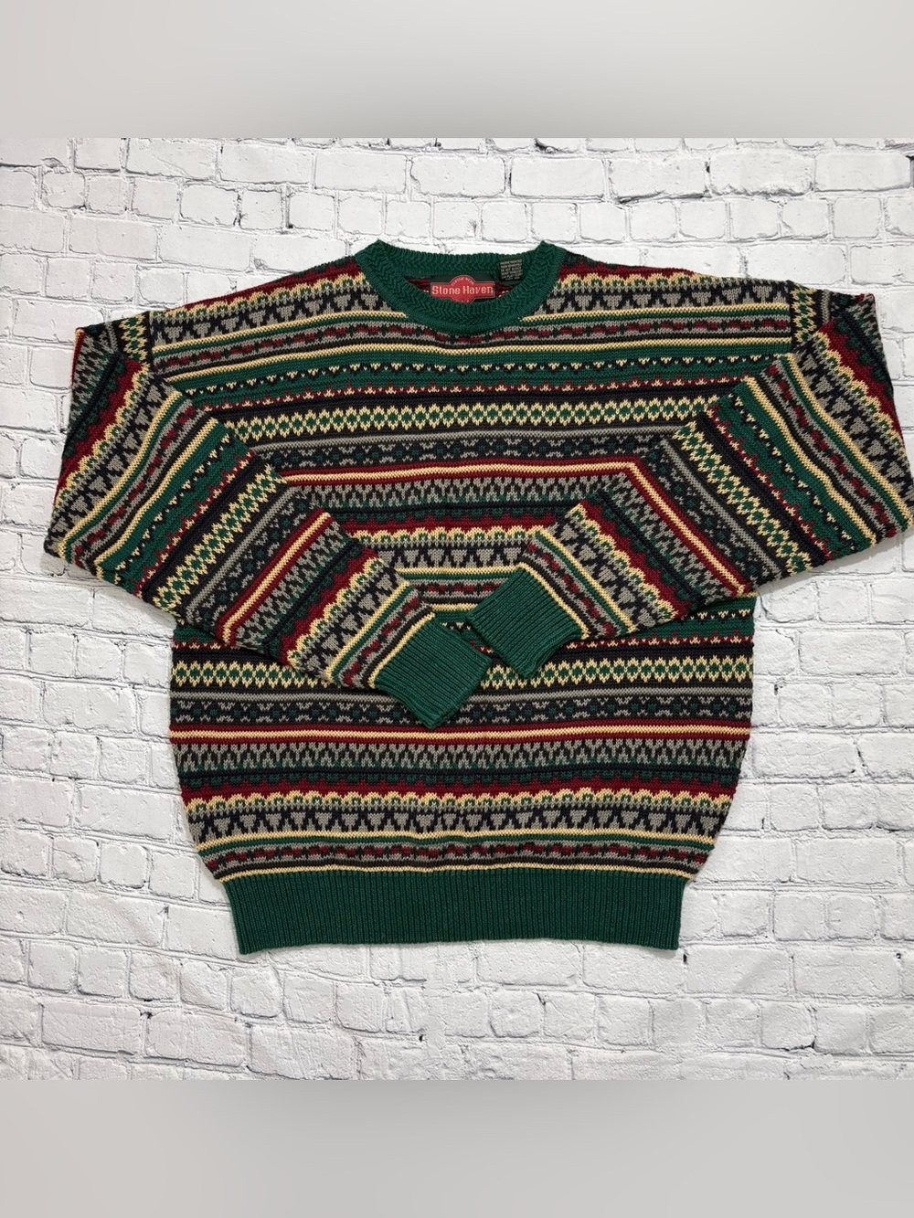 Vintage Stone Haven Sweater Ramie Cotton Crew Neck Fair Isle Knit Mens Large